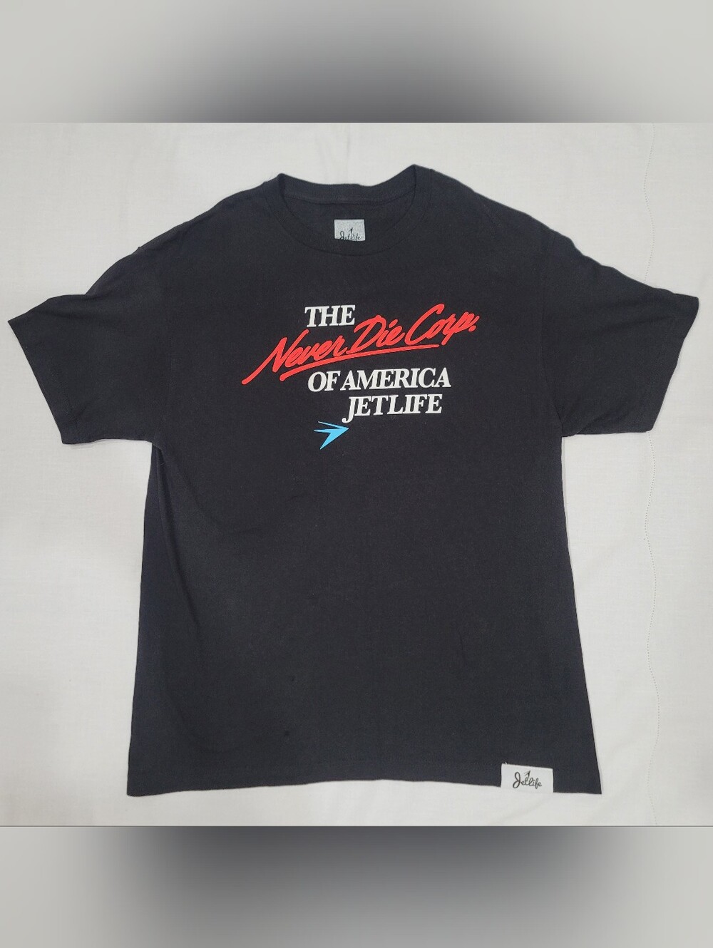Crew Neck Graphic Tee in Black with Red Script